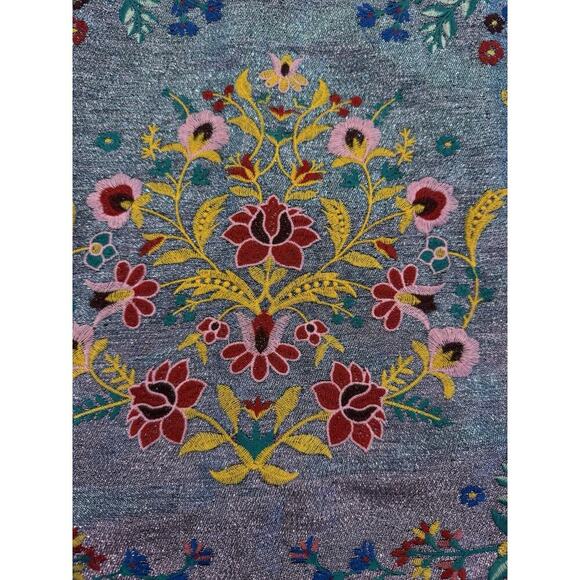 NWT Umgee Metallic‎ Blue Mini Skirt Embroidered Floral Tapestry Boho Festival L - Picture 2 of 9